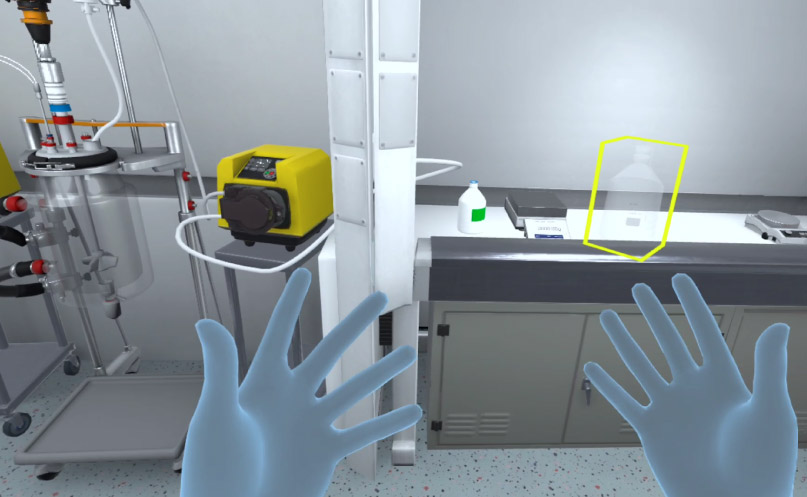VR simulation in a laboratory setting, illustrating how trainees interact with virtual environments to practice complex procedures safely and efficiently