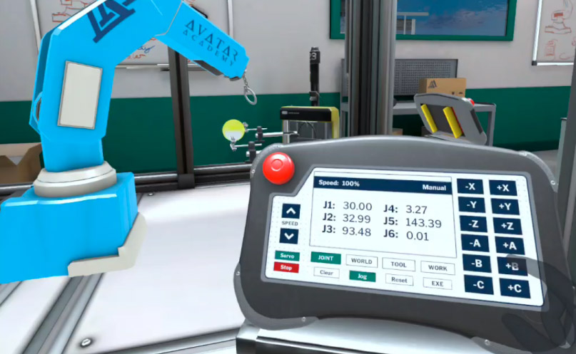 VR Simulator control panel displaying an immersive, hands-on industrial robot training interface.