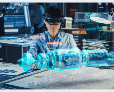 A man using an xr headset to visualise a piece of machinery. VR and AR synergy is an emerging trend in 2023