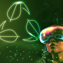 A women in a vr headset, with a glowing sustainability symbol. This artwork represents eco innovations in vr