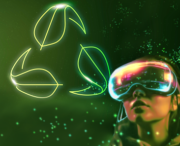 A women in a vr headset, with a glowing sustainability symbol. This artwork represents eco innovations in vr