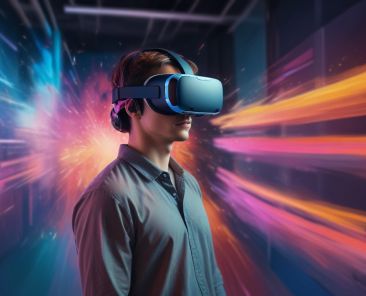 Person in a VR headset with streaks of light, illustrating feedback in virtual reality