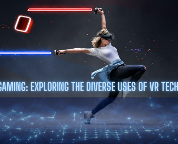 Woman using a VR headset and motion controllers in an immersive virtual reality experience, showcasing diverse applications beyond gaming