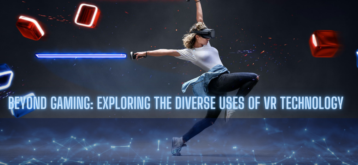 Woman using a VR headset and motion controllers in an immersive virtual reality experience, showcasing diverse applications beyond gaming