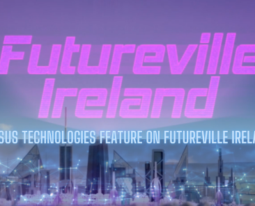 Futureville Ireland promotional graphic featuring futuristic cityscape and Mersus Technologies' involvement in immersive technology innovation.