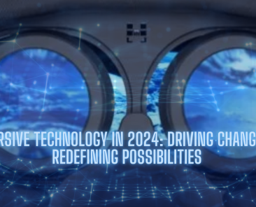 Virtual reality headset displaying an immersive digital landscape, representing the impact of immersive technology in 2024