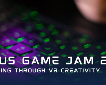 Mersus Game Jam 2025 promotional banner featuring a glowing gaming keyboard and text highlighting team-building through VR creativity