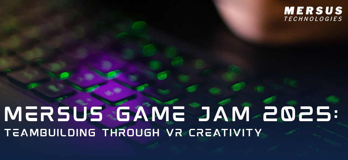 Mersus Game Jam 2025 promotional banner featuring a glowing gaming keyboard and text highlighting team-building through VR creativity