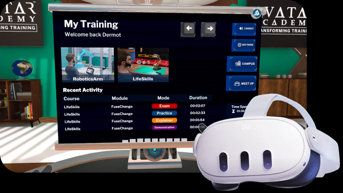 Immersive dashboard viewed through a VR headset on our virtual reality platform