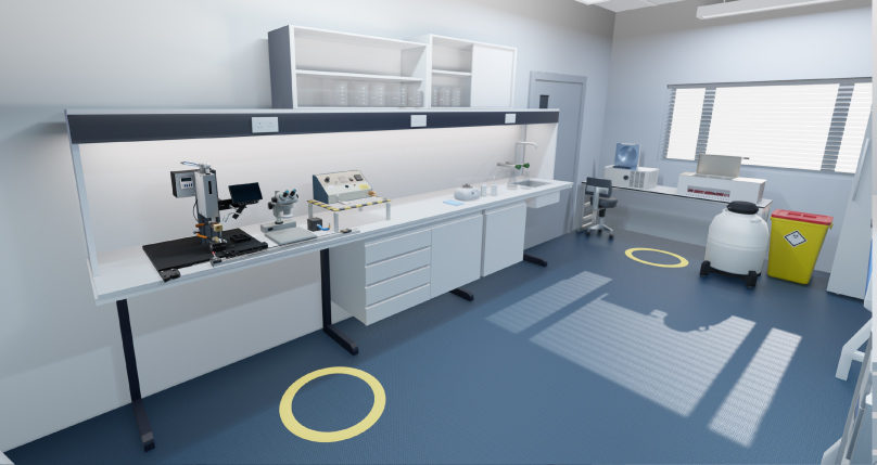 VR for MedTech: a clean, modern virtual laboratory environment designed for immersive medical device training and simulation, featuring workstations and equipment for realistic hands-on practice