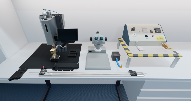 VR for MedTech: immersive lab workstation featuring a VR simulator, microscope, controllers, and a secure control panel