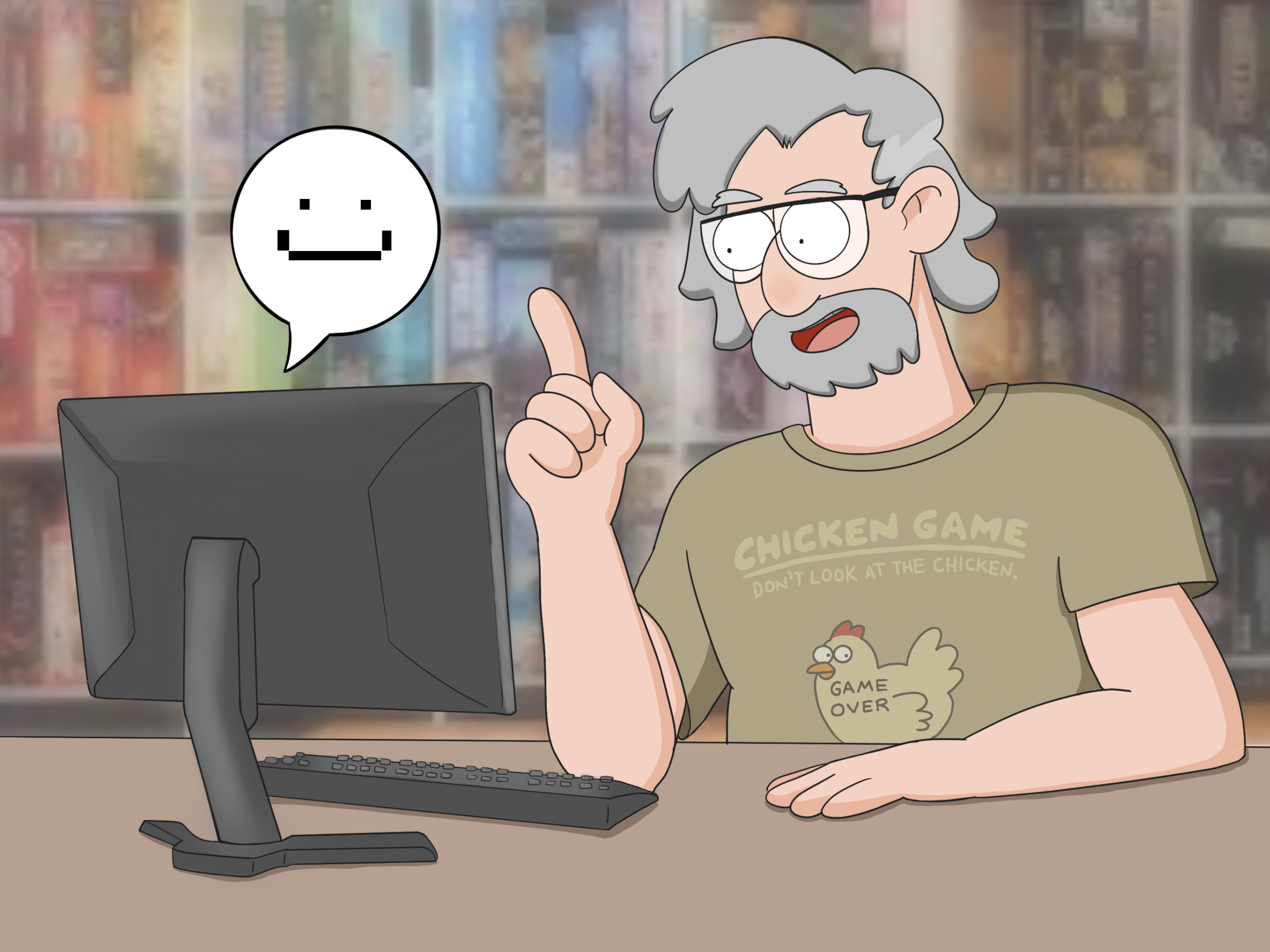 A cartoon picture of the author, talking to his computer