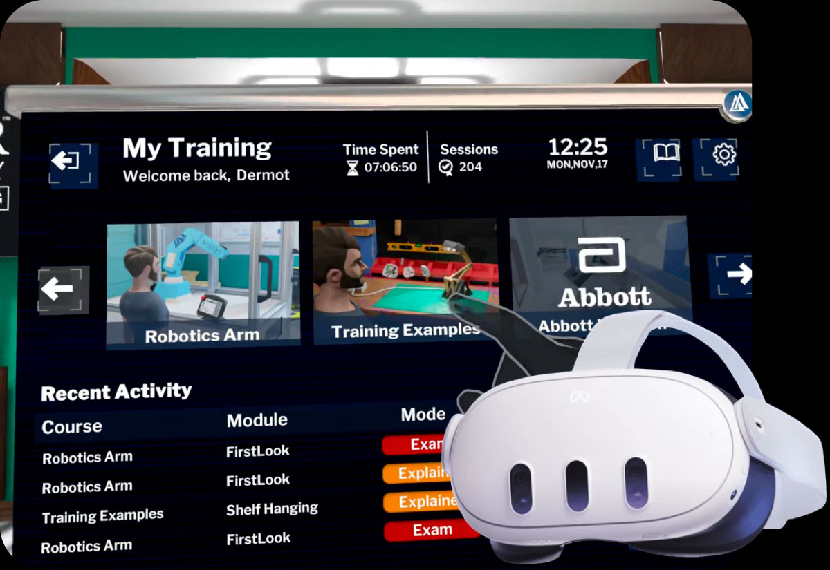 AAROI Immersive dashboard viewed through a VR headset on our virtual reality platform