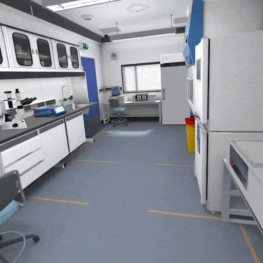 VR training for biopharma – operator moving through cell culture lab, opening fridge and navigating cleanroom environment