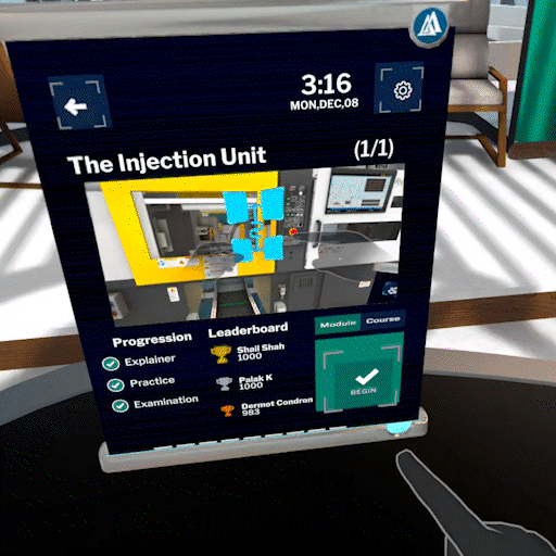 Animated GIF showing a trainee operating a virtual injection moulding machine – pressing control buttons, inspecting a finished part for defects, and opening the machine door.