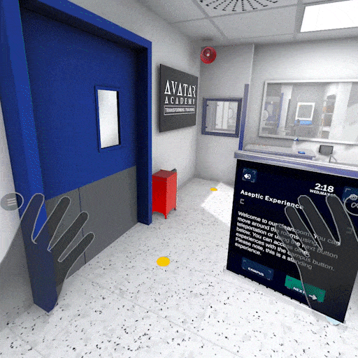 VR training for biopharma – operator placing hands in biosafety cabinet, holding test tubes, then washing hands