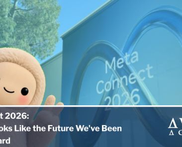 Image shows the front of the meta connect conference and their mascot jolly, Meta VR Glasses