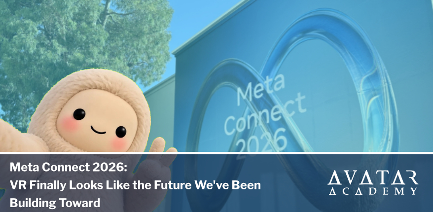 Image shows the front of the meta connect conference and their mascot jolly, Meta VR Glasses