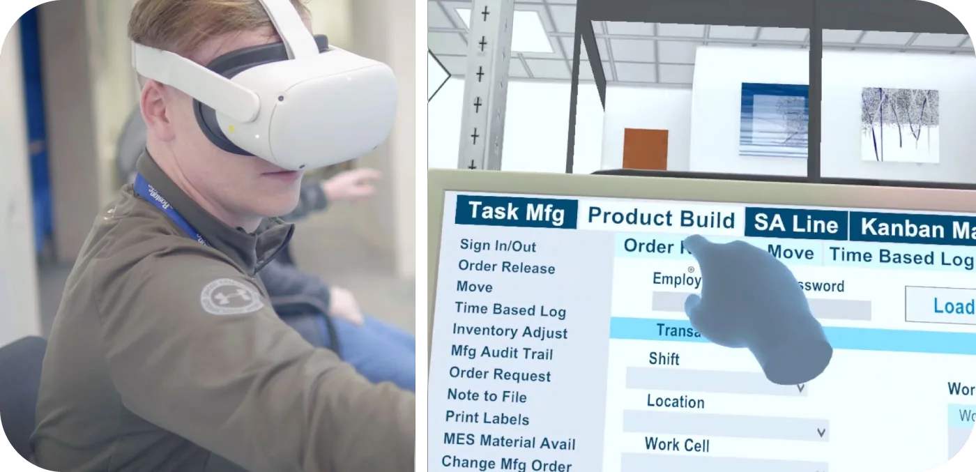 Trainee in a VR headset beside a simulated manufacturing execution system in Avatar Academy