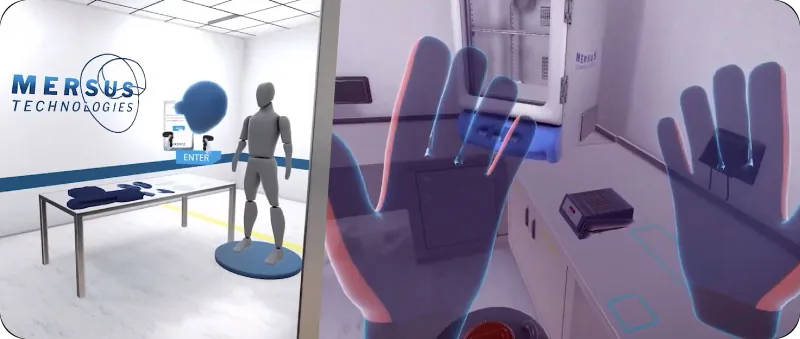 Virtual cleanroom gowning room and VR hands in the NIBRT training