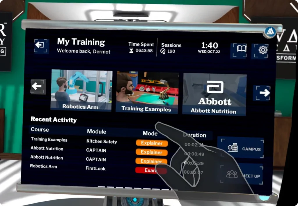 avatar-academy-vr-my-training-courses The My Training menu in the Avatar Academy VR headset, showing assigned courses and recent activity