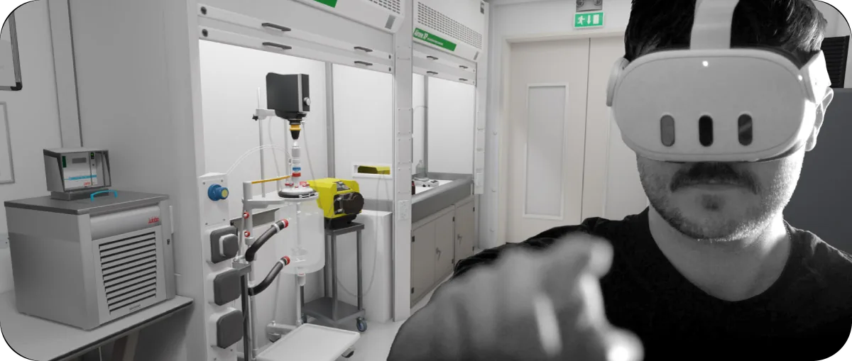 Trainee in a VR headset beside a virtual laboratory workstation