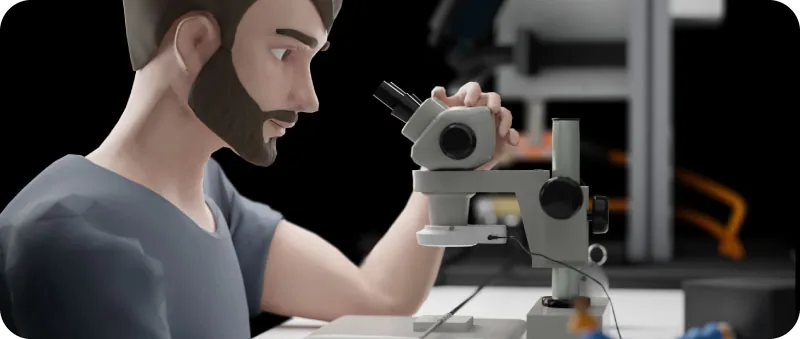 Avatar inspecting a catheter under a microscope in VR training