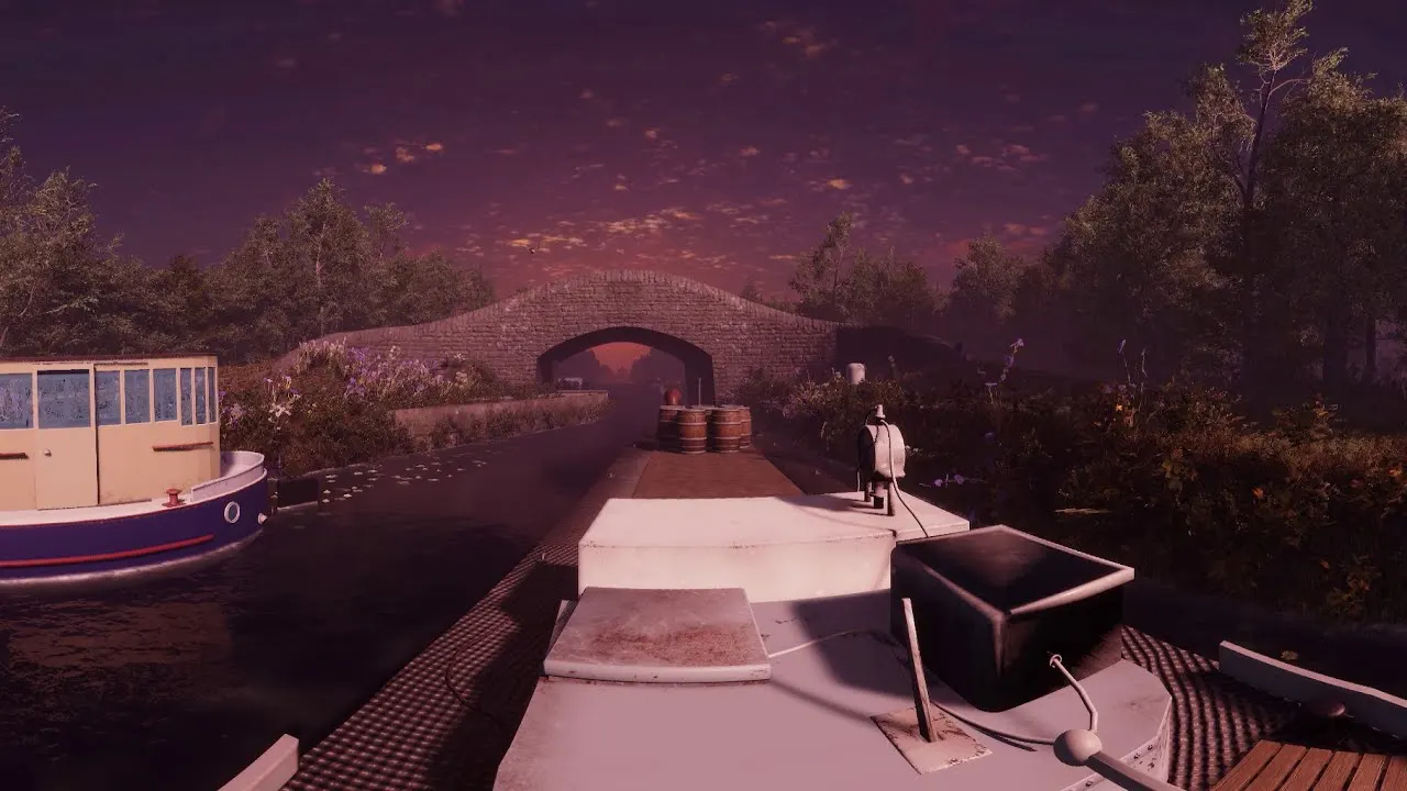 A canal boat moored by a stone bridge at dusk in VR