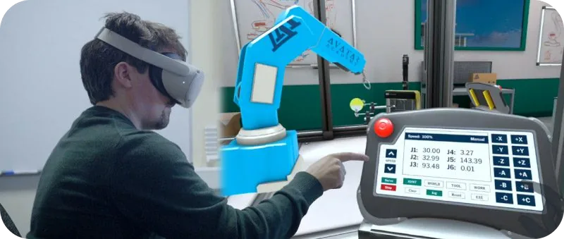 Trainee in a VR headset operating a virtual robotic arm teach pendant
