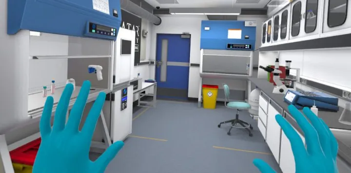 Virtual biopharma laboratory in Avatar Academy, seen through gloved hands in VR