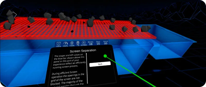 VR screen separation stage with a live KPI panel in the Siemens experience